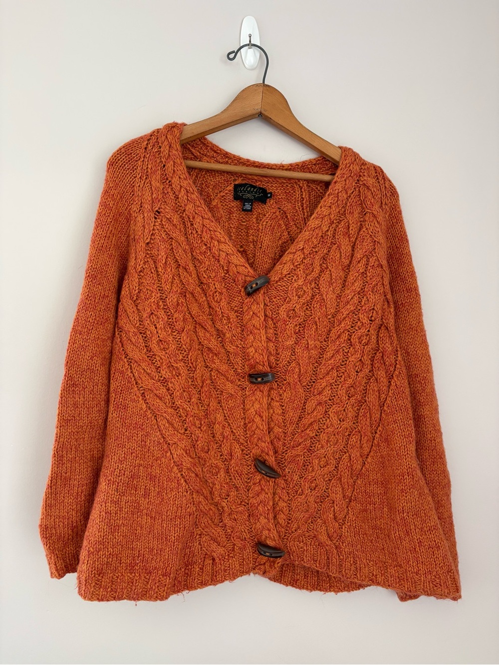 Icelandic Design Orange Cable Knit Wool Alpaca Blend Cardigan Sweater Size M